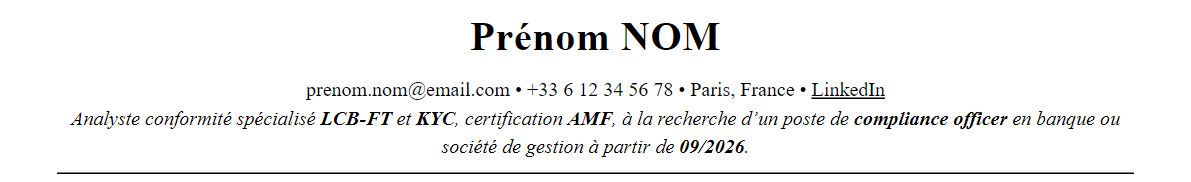 CV compliance officer : en-tête et accroche