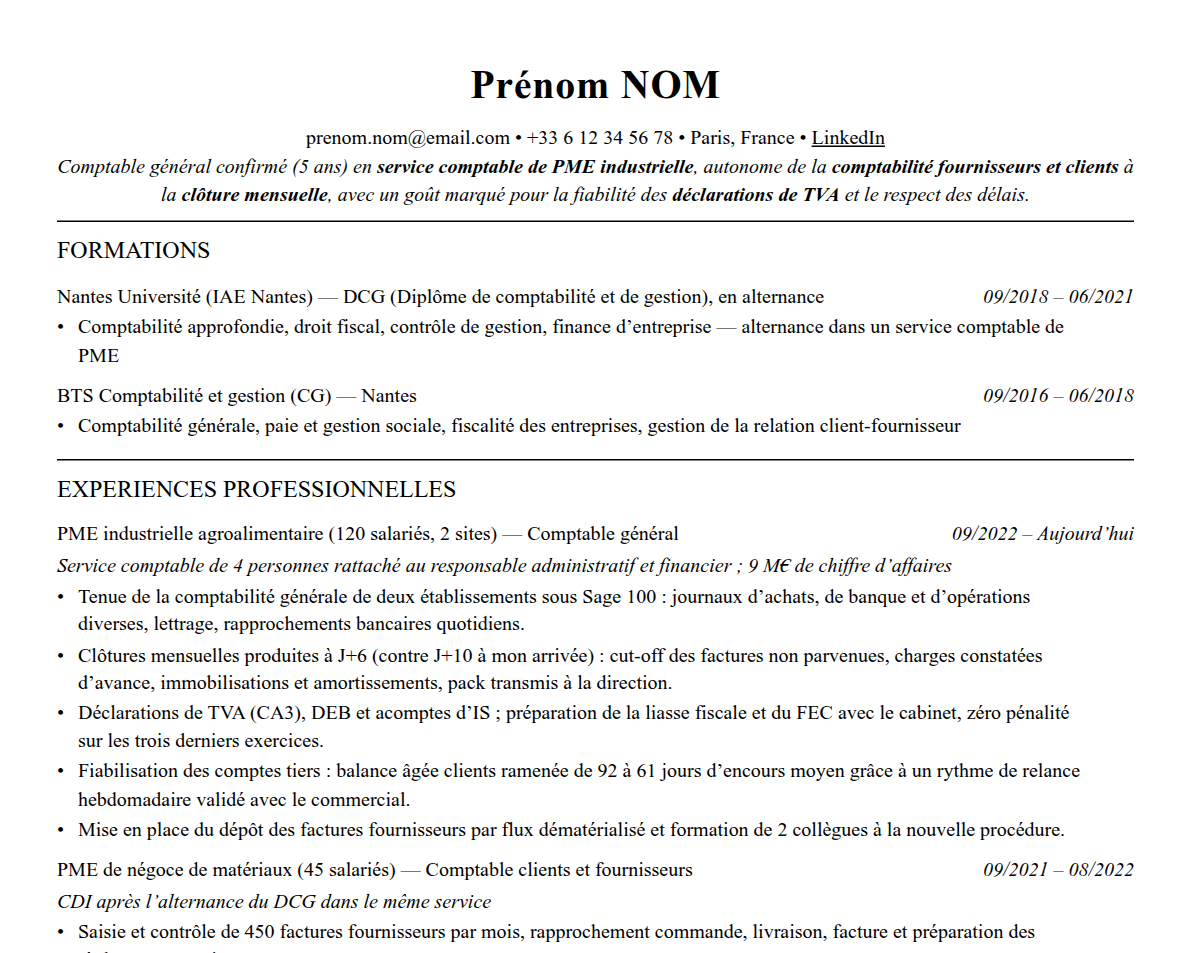 Aperçu : Exemple de CV Comptable