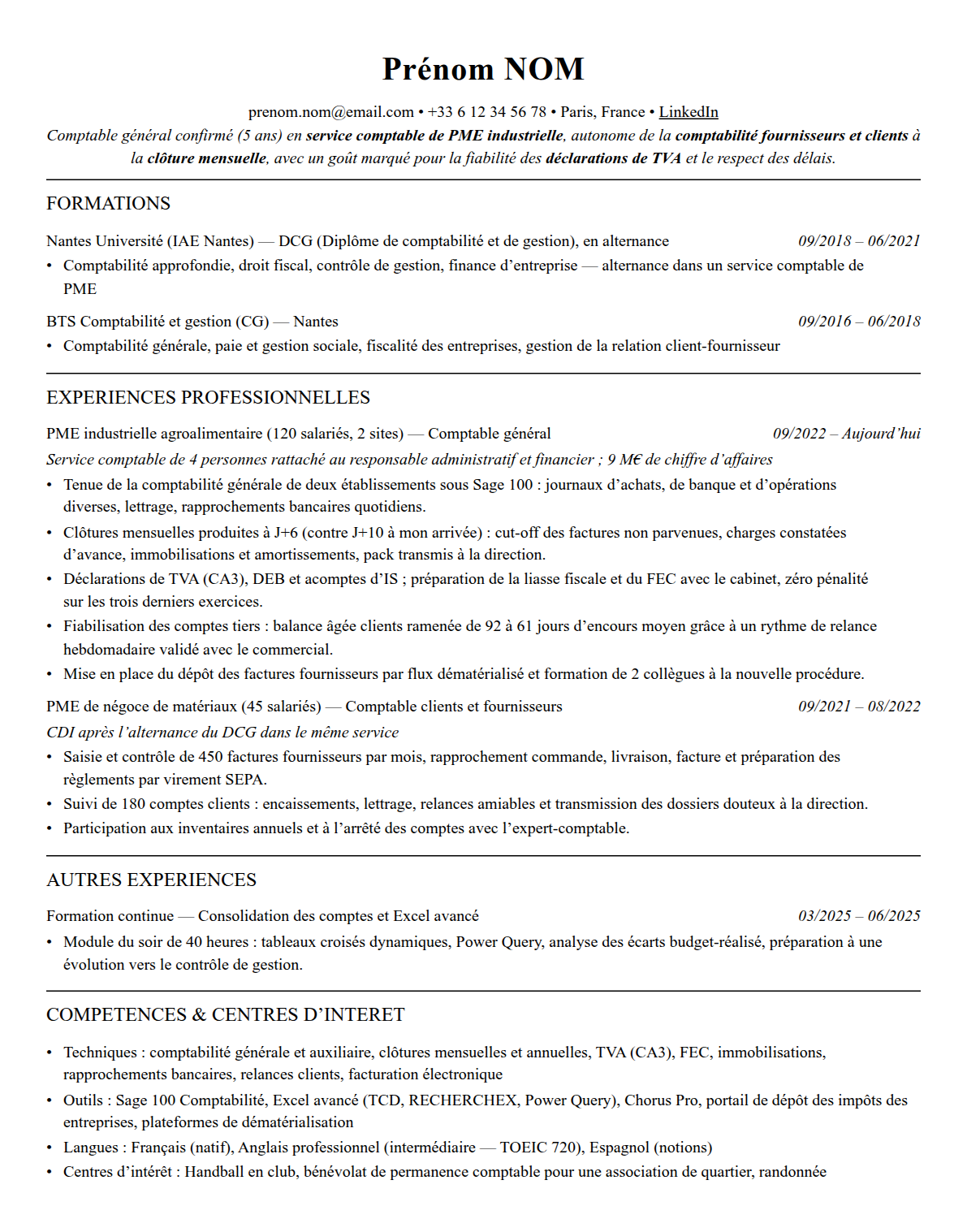 CV comptable complet sur une page