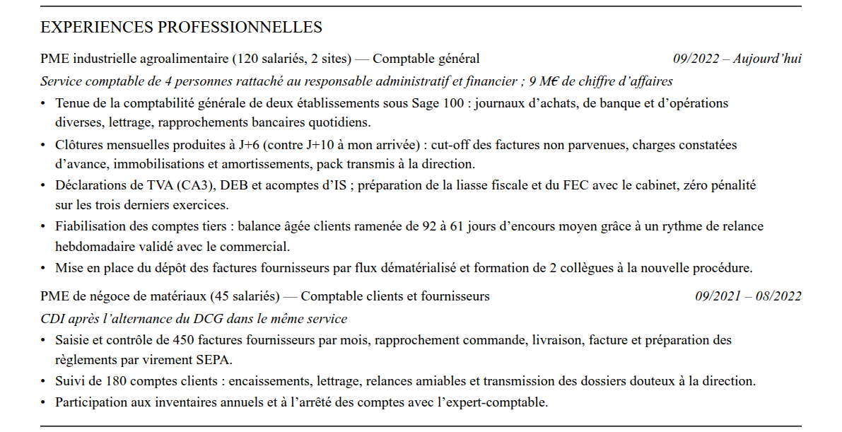 CV comptable : expériences