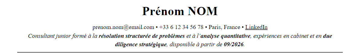 CV conseil en stratégie : en-tête et accroche