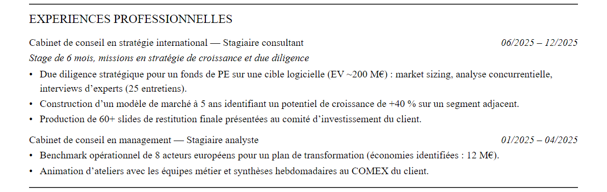 CV conseil en stratégie : expériences