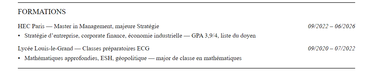 CV conseil en stratégie : formation