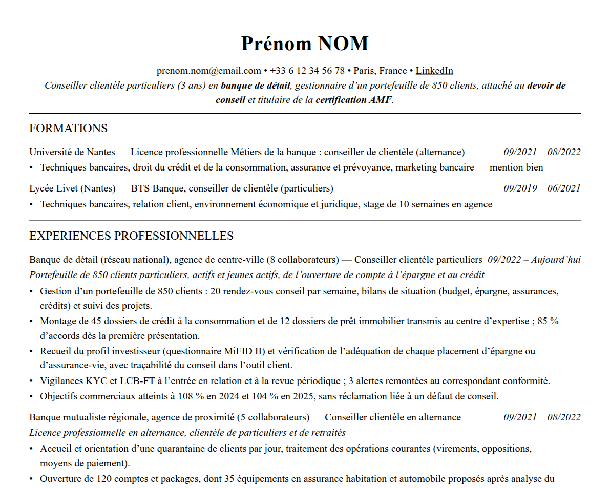 Aperçu : Exemple de CV Conseiller clientèle bancaire