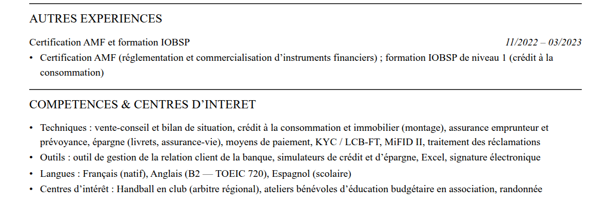 CV conseiller clientèle bancaire : compétences et centres d’intérêt