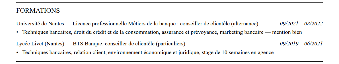 CV conseiller clientèle bancaire : formation