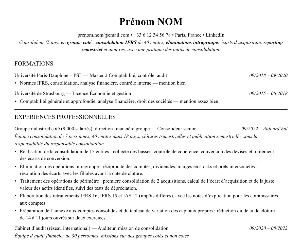 Aperçu : Exemple de CV Consolideur