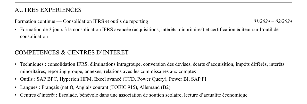 CV consolideur : compétences et centres d’intérêt