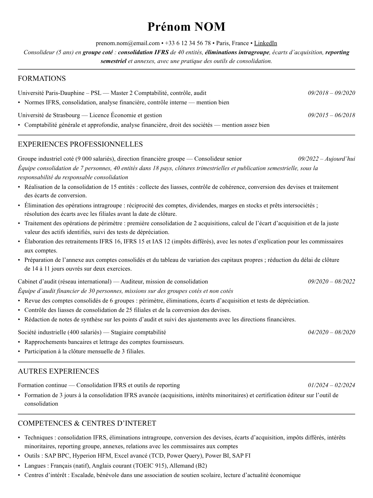 CV consolideur complet sur une page