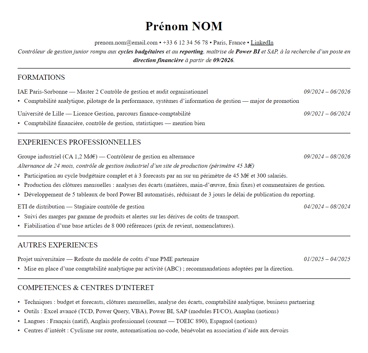 CV contrôle de gestion complet sur une page