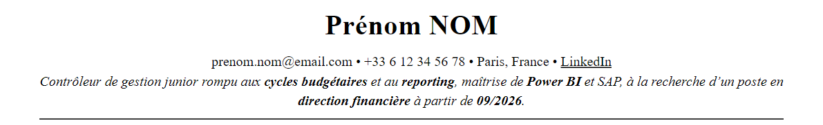 CV contrôle de gestion : en-tête et accroche