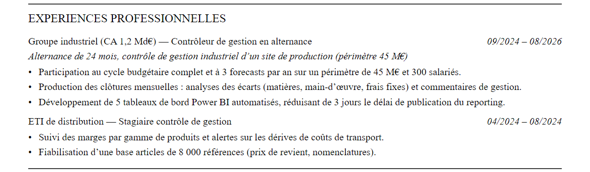 CV contrôle de gestion : expériences