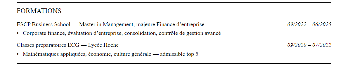 CV corporate finance : formation