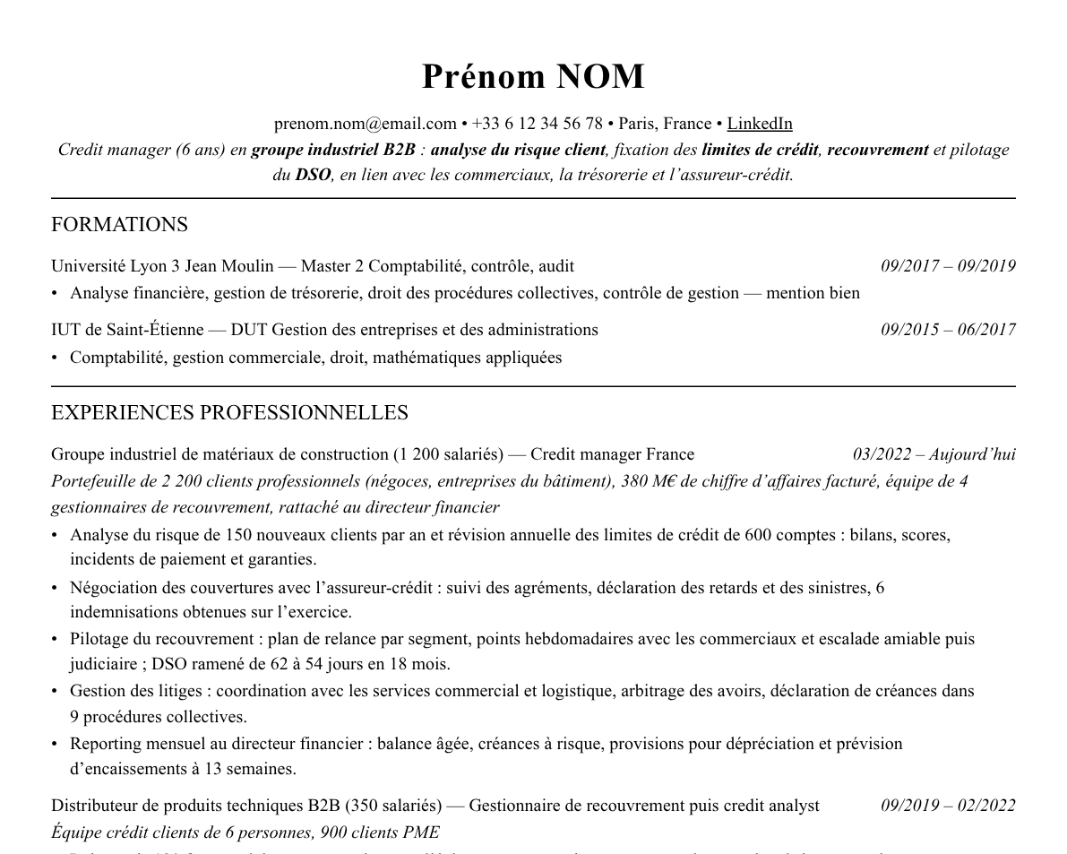 Aperçu : Exemple de CV Credit manager