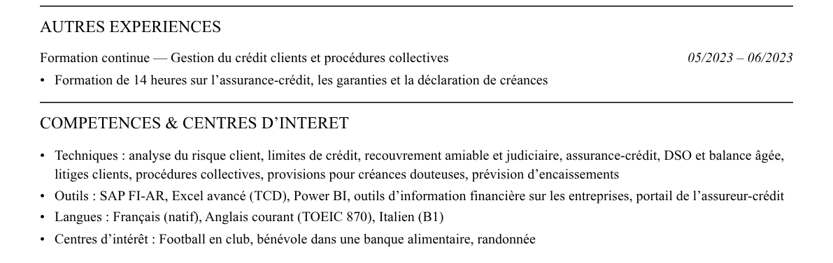 CV credit manager : compétences et centres d’intérêt