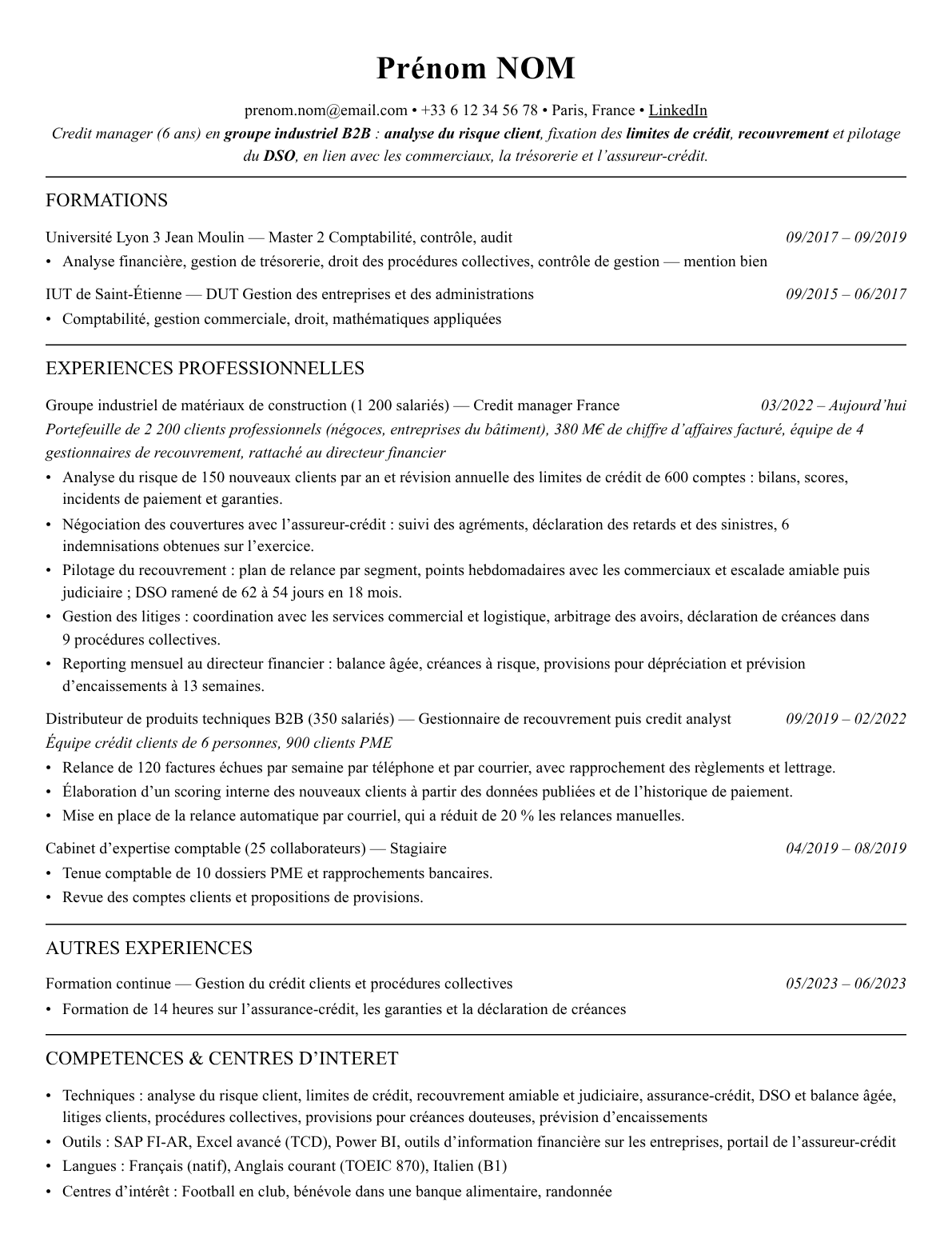 CV credit manager complet sur une page