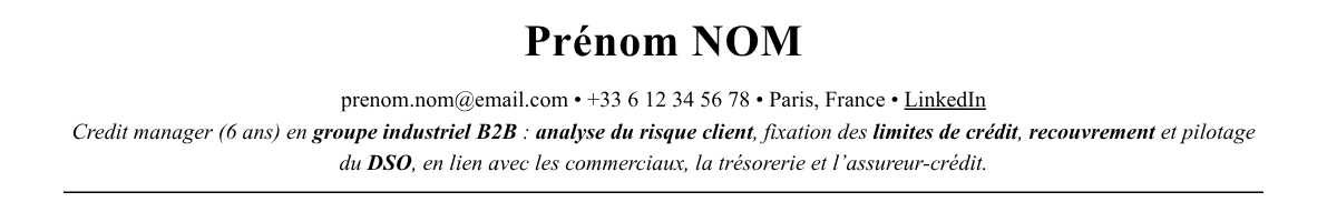CV credit manager : en-tête et accroche