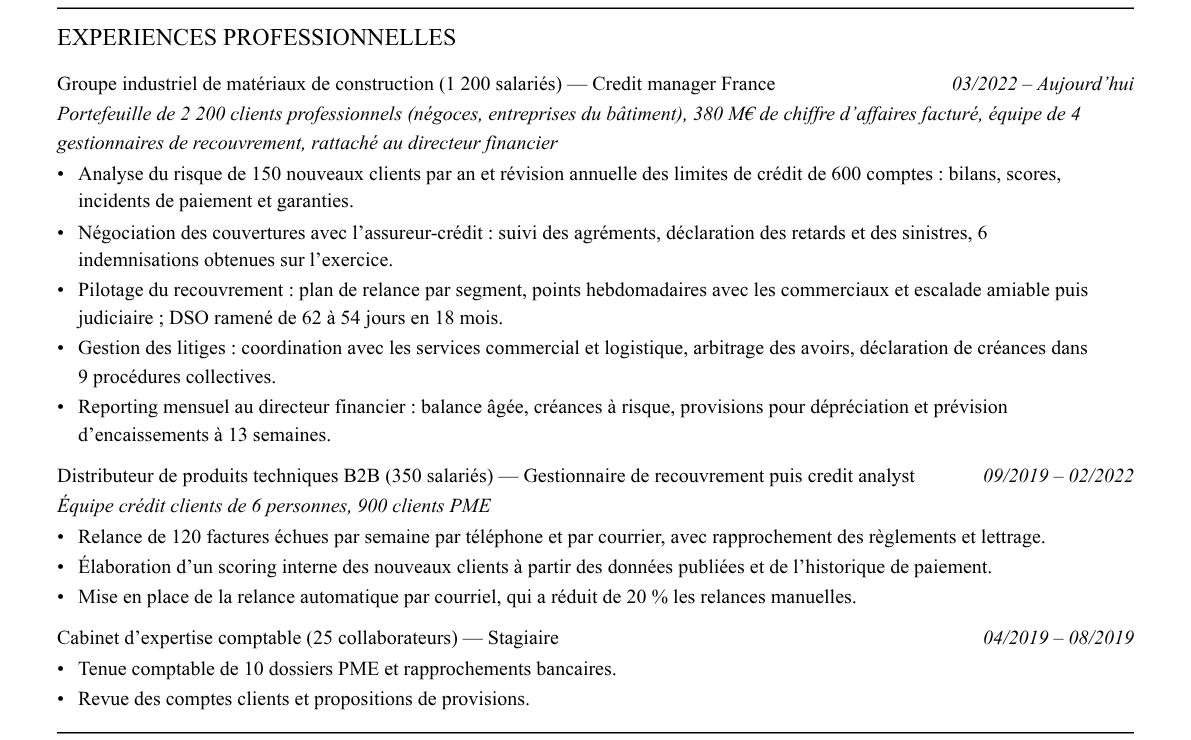 CV credit manager : expériences