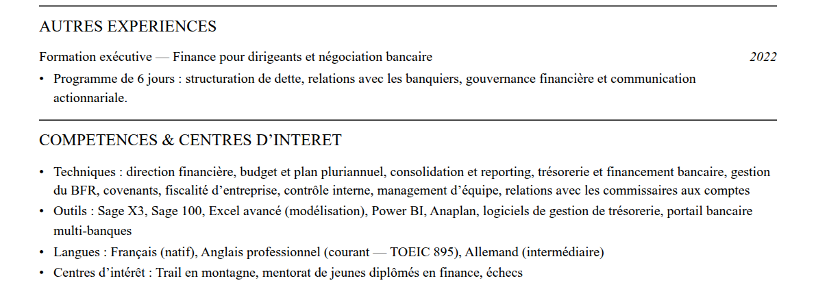 CV directeur administratif et financier : compétences et centres d’intérêt