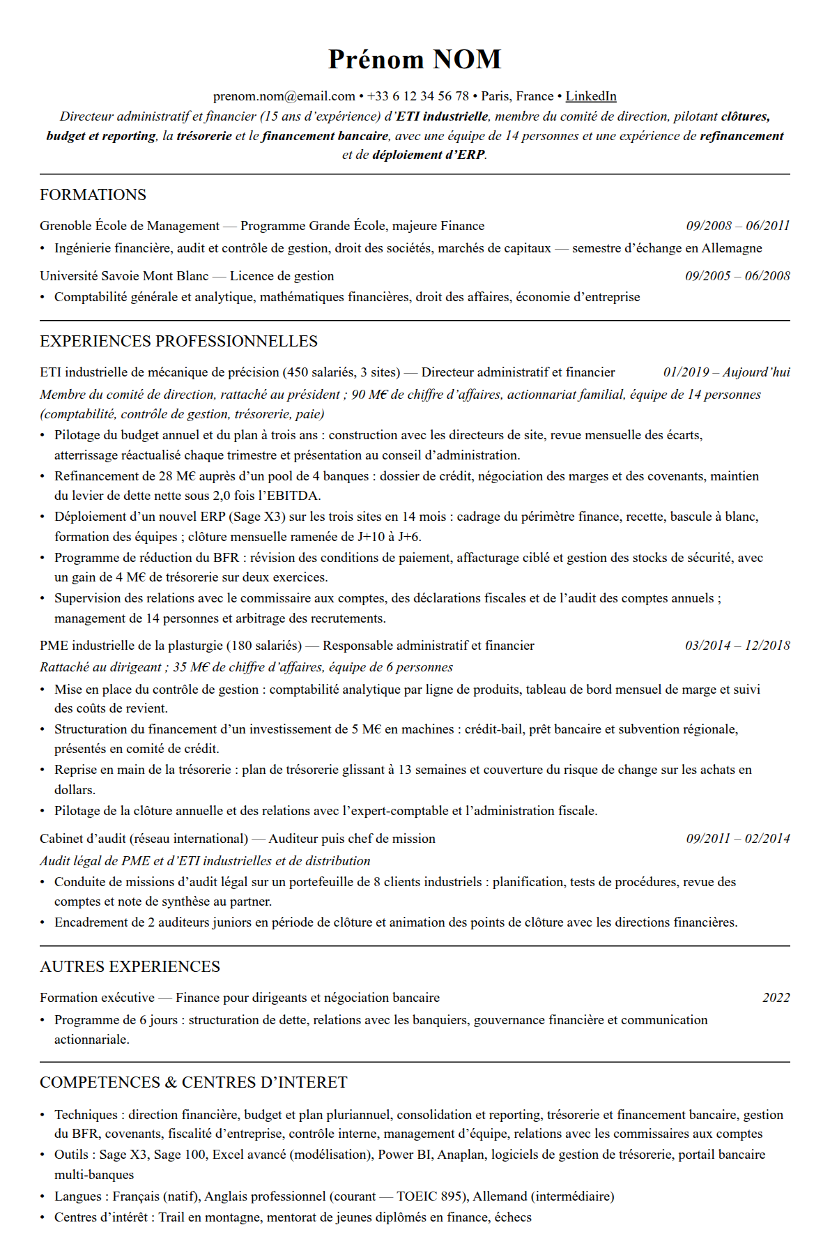 CV directeur administratif et financier complet sur une page