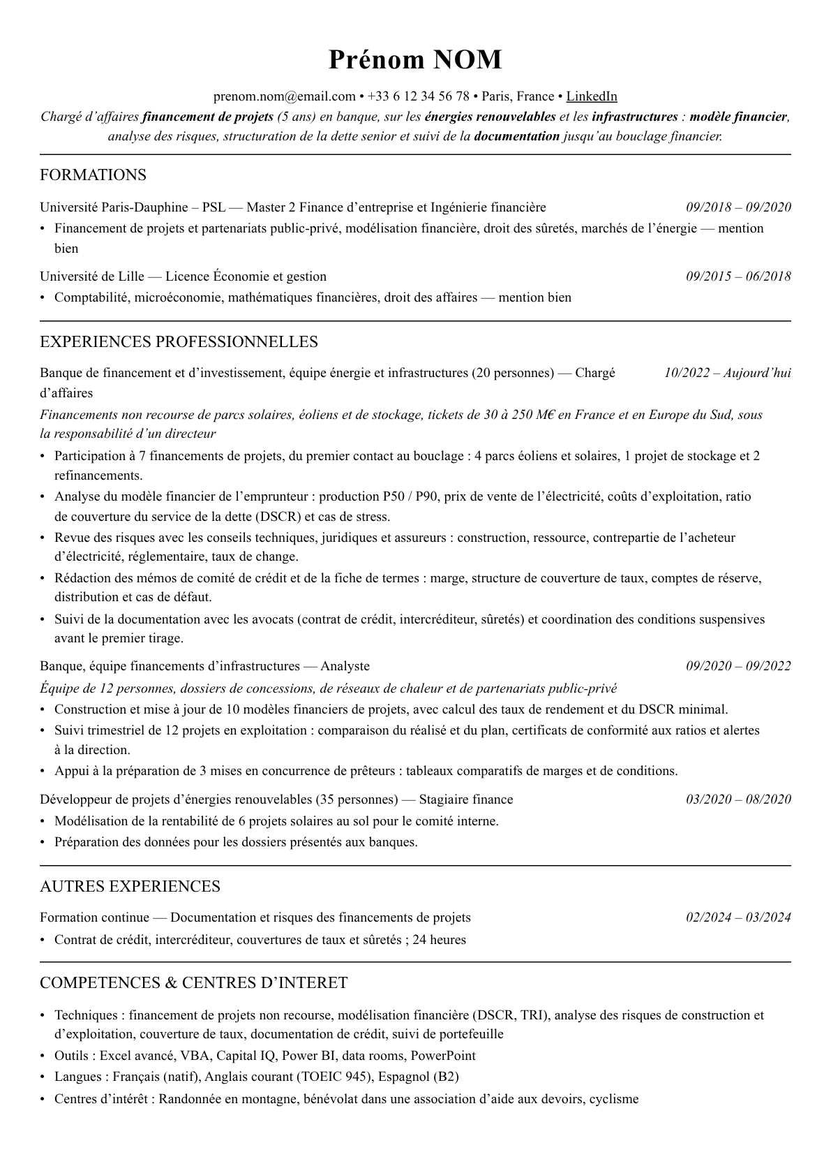 CV financement de projets complet sur une page