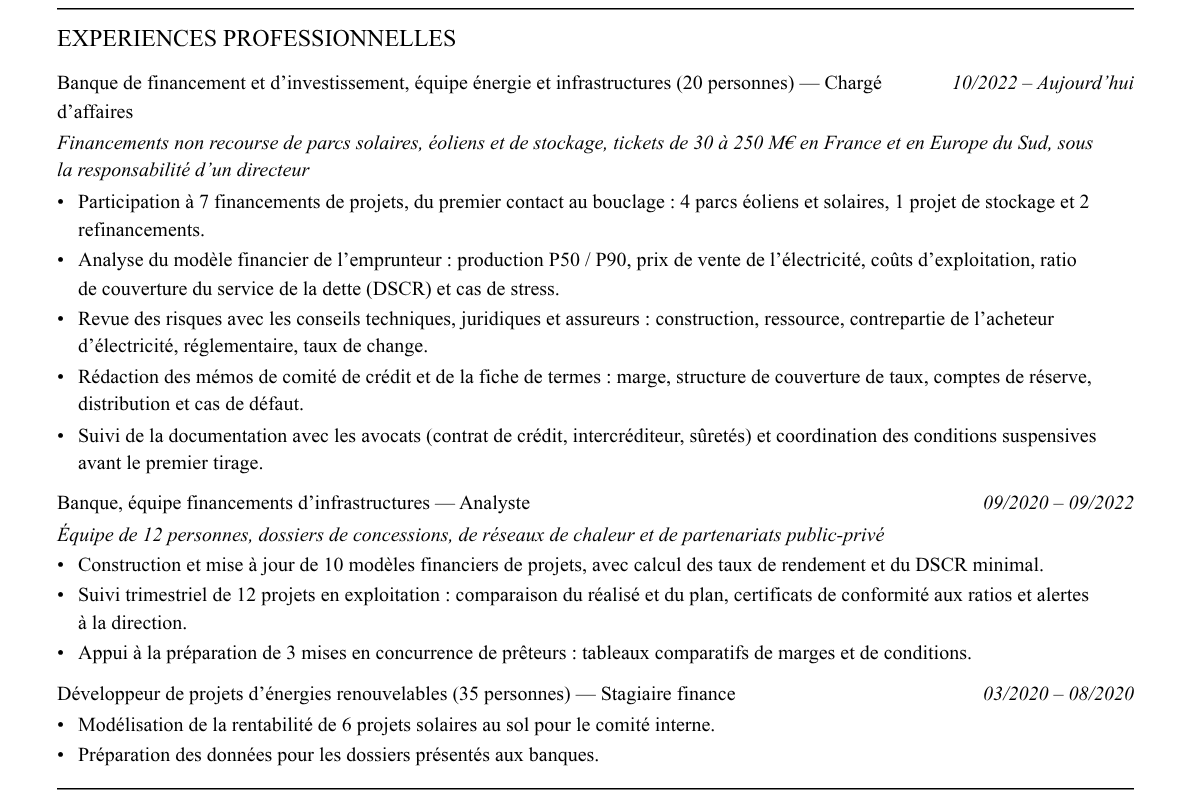CV financement de projets : expériences