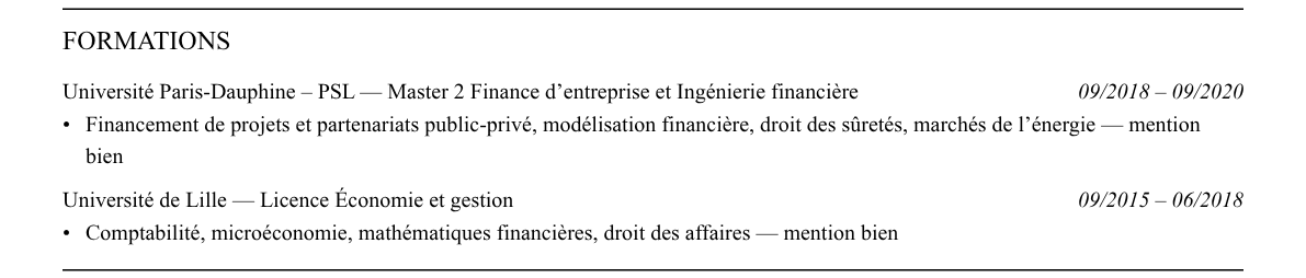 CV financement de projets : formation