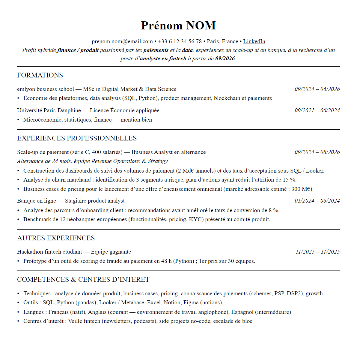 CV fintech complet sur une page