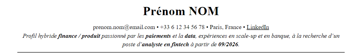 CV fintech : en-tête et accroche
