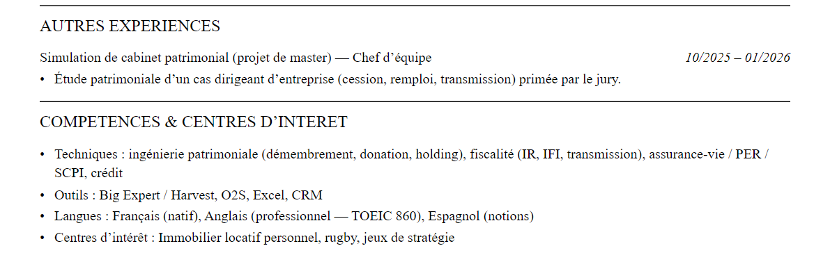 CV gestion de patrimoine : compétences et centres d’intérêt