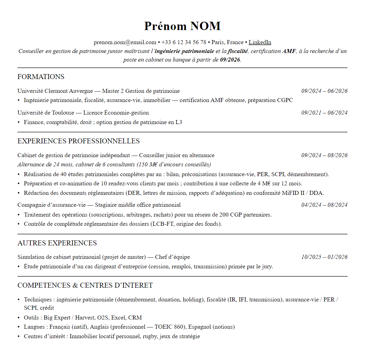 CV gestion de patrimoine complet sur une page