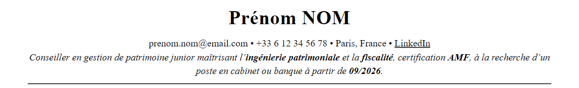 CV gestion de patrimoine : en-tête et accroche