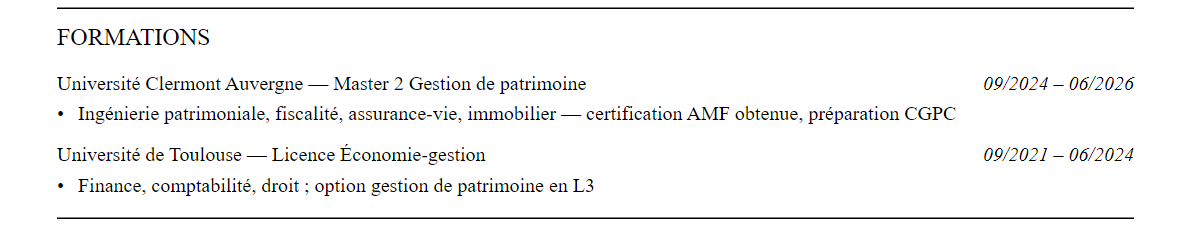 CV gestion de patrimoine : formation