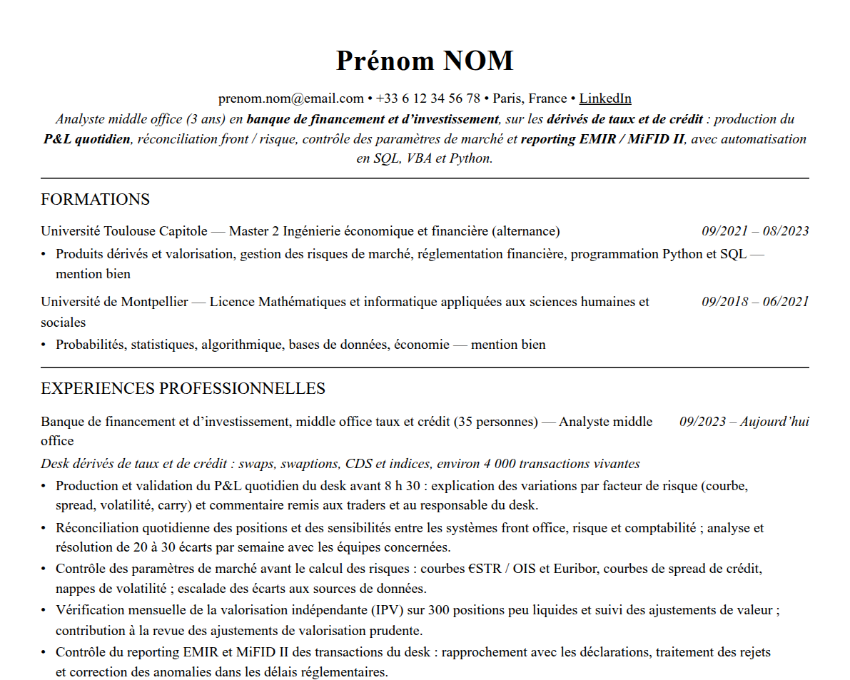 Aperçu : Exemple de CV Middle office