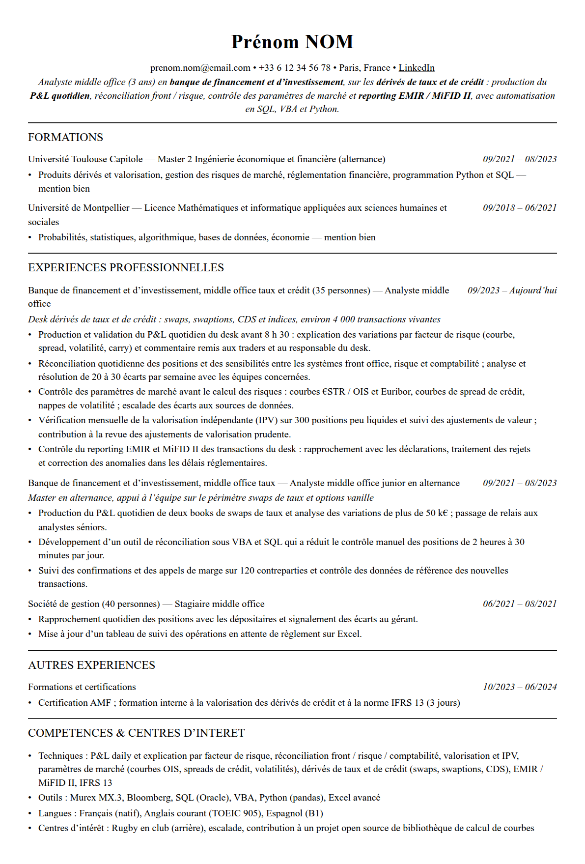 CV middle office complet sur une page