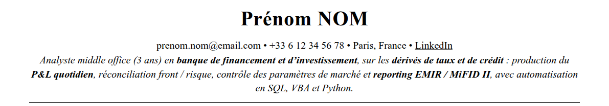 CV middle office : en-tête et accroche