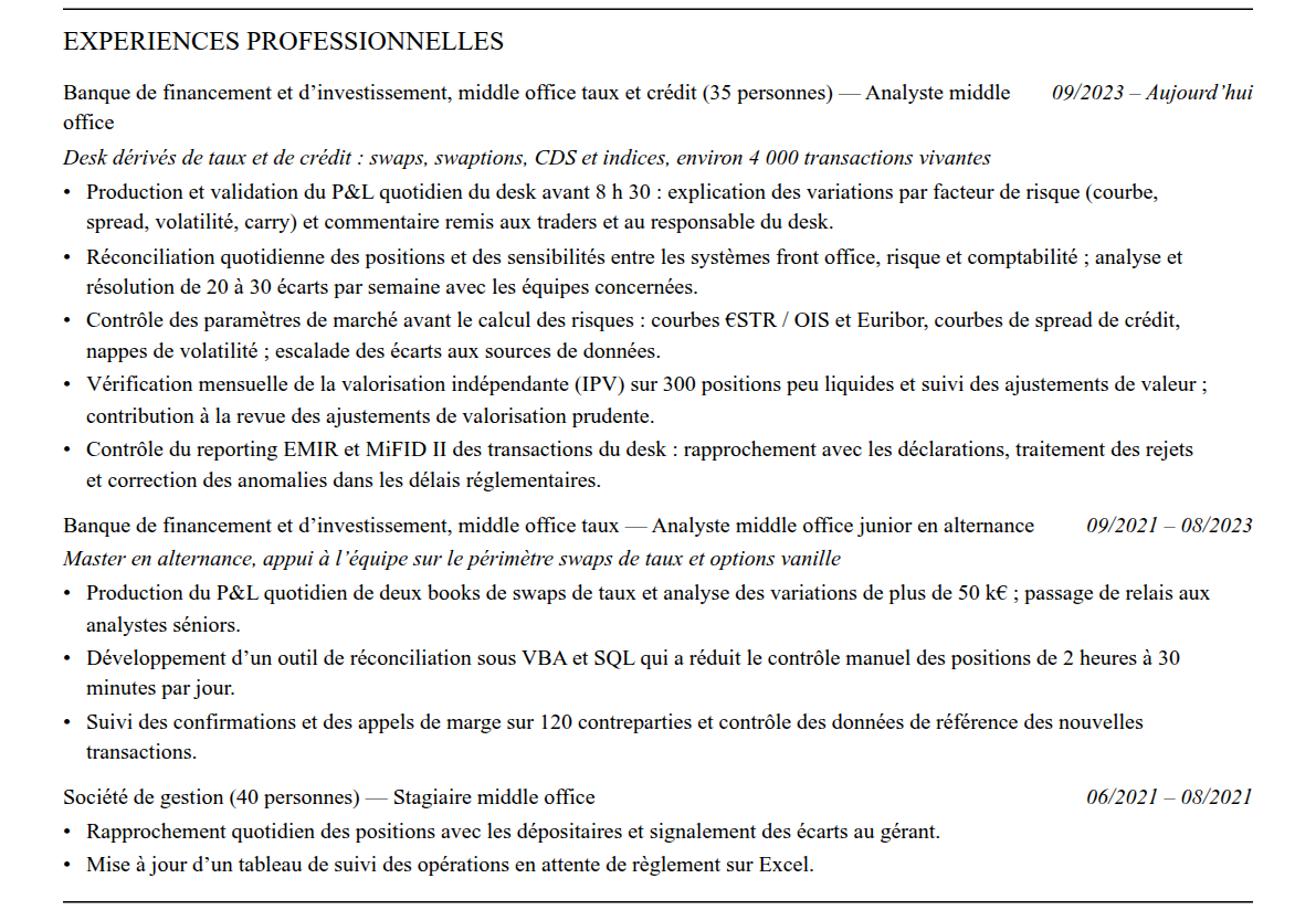 CV middle office : expériences