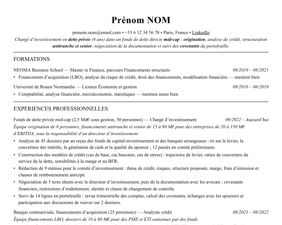 Aperçu : Exemple de CV Private debt