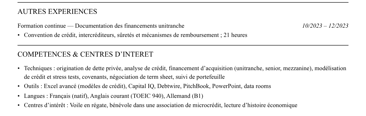 CV private debt : compétences et centres d’intérêt