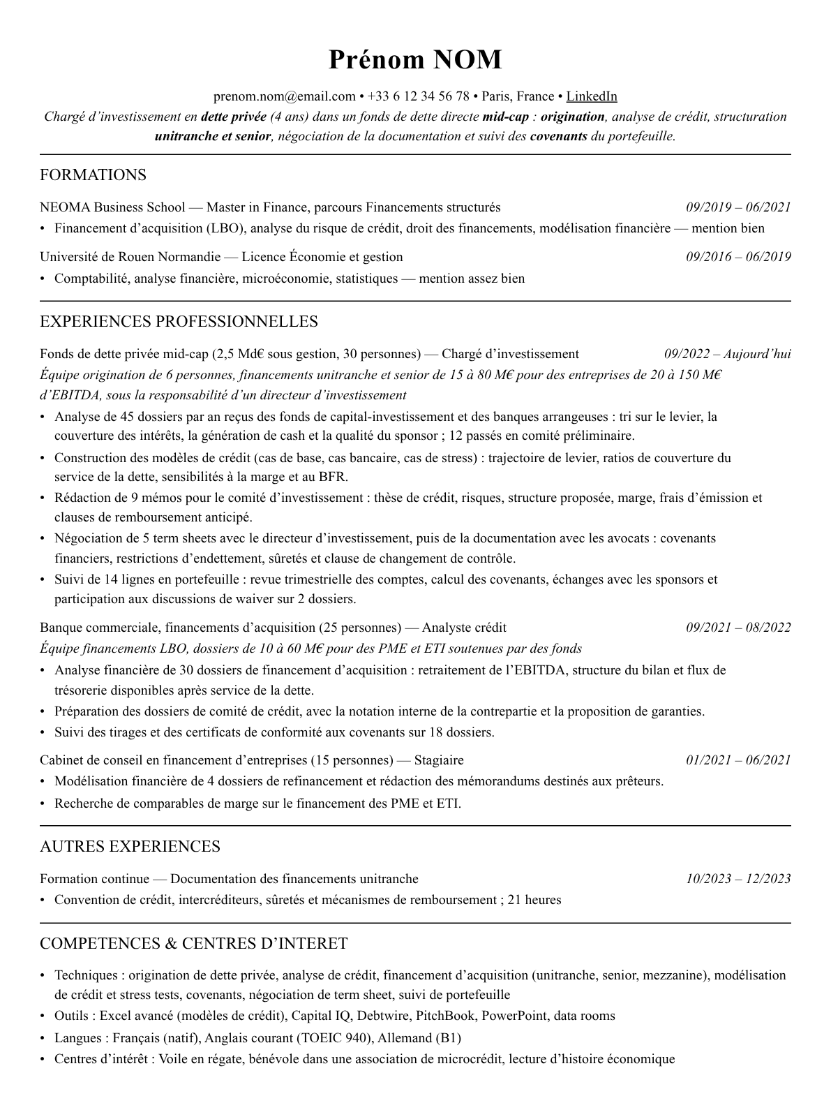 CV private debt complet sur une page
