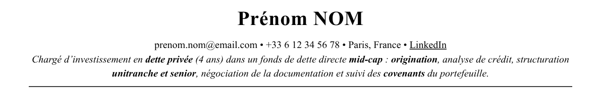 CV private debt : en-tête et accroche