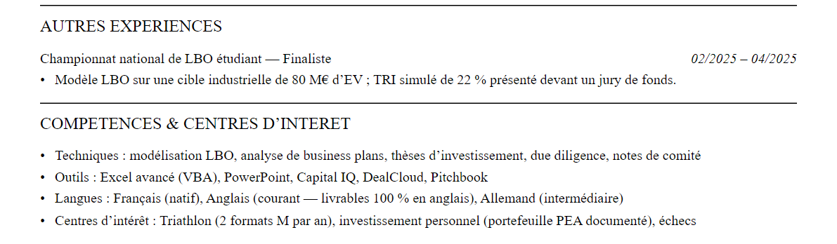 CV private equity : compétences et centres d’intérêt