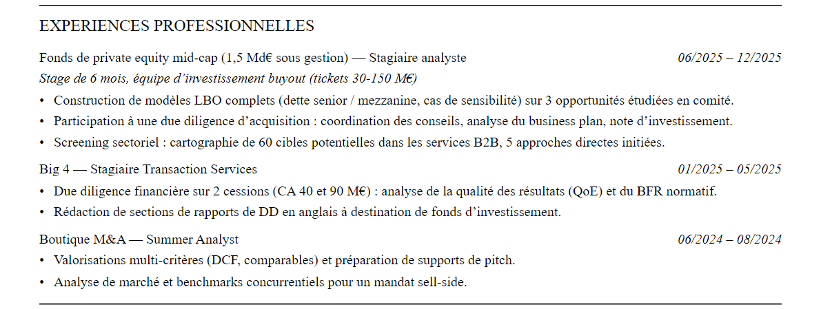 CV private equity : expériences