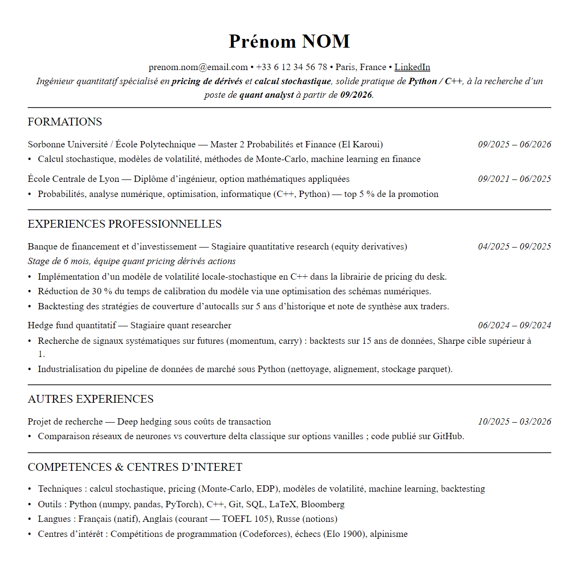 CV finance quantitative complet sur une page