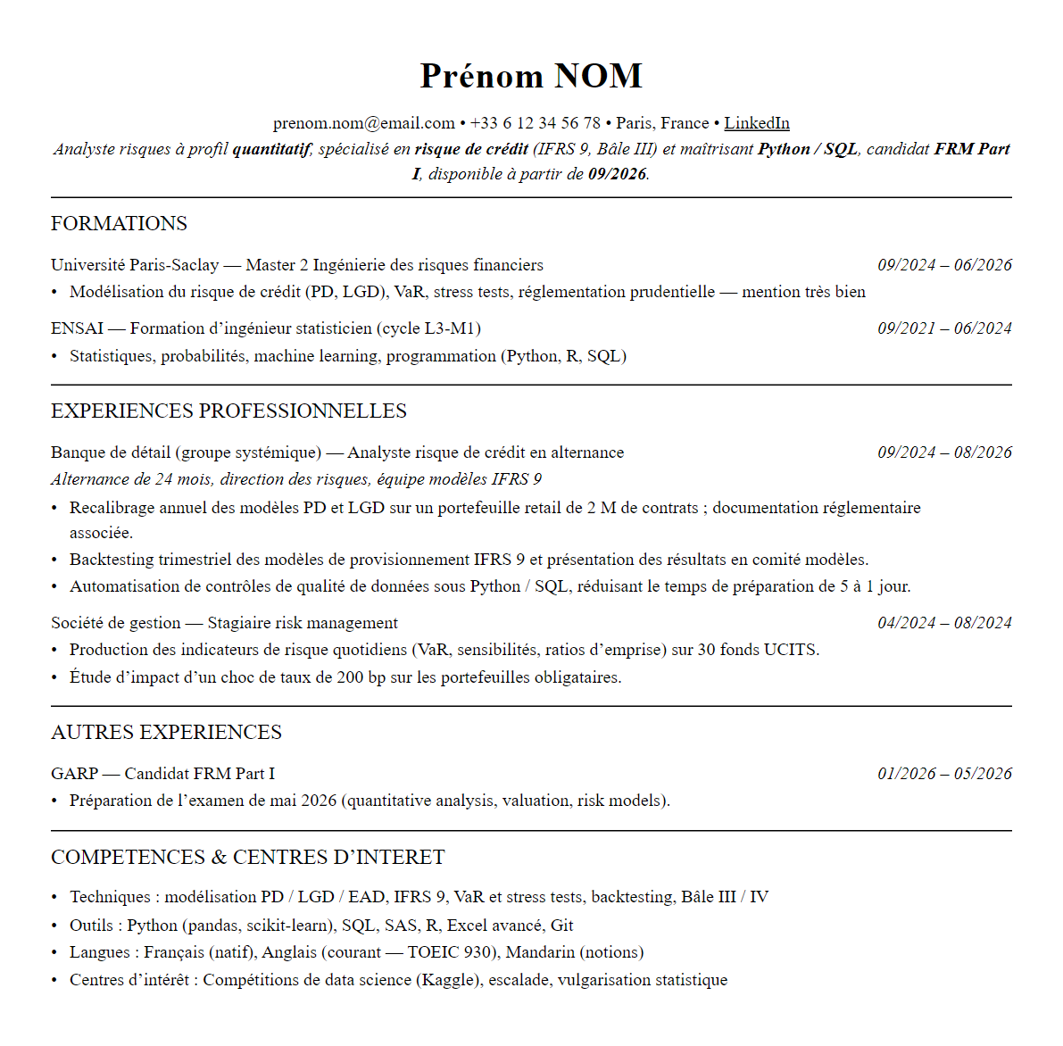 CV risk management complet sur une page