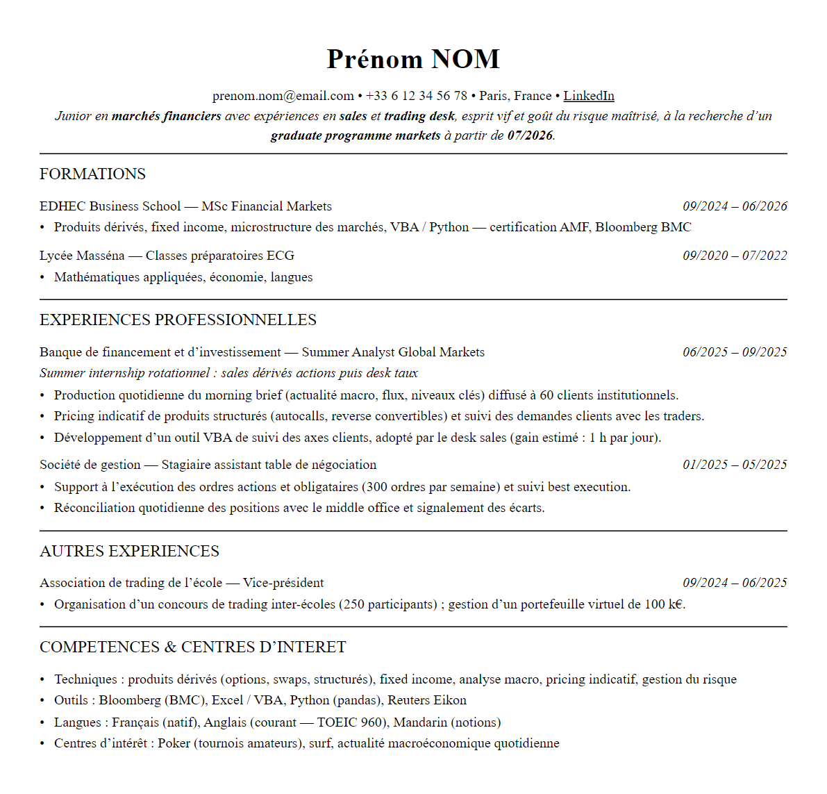CV sales & trading complet sur une page