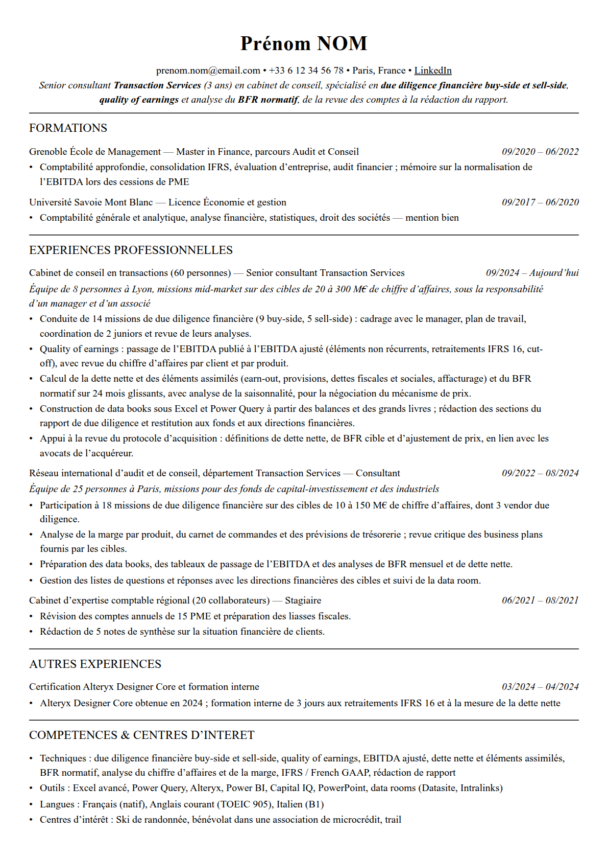 CV transaction services complet sur une page
