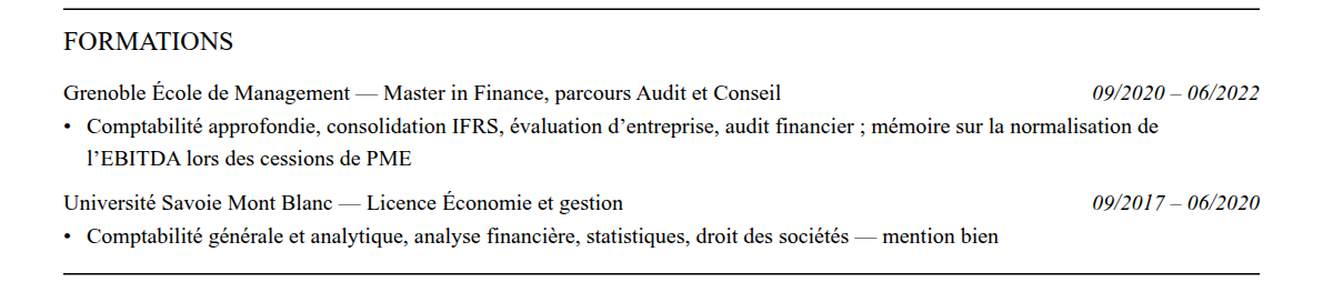 CV transaction services : formation