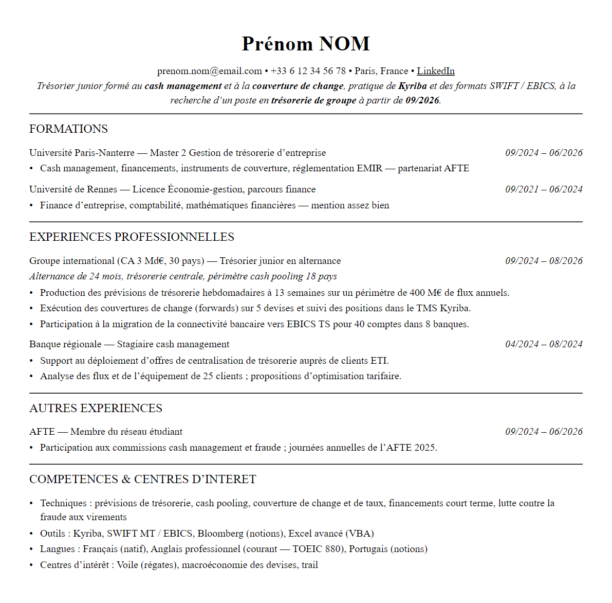CV trésorerie complet sur une page