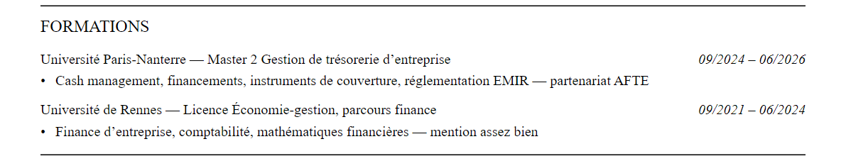 CV trésorerie : formation